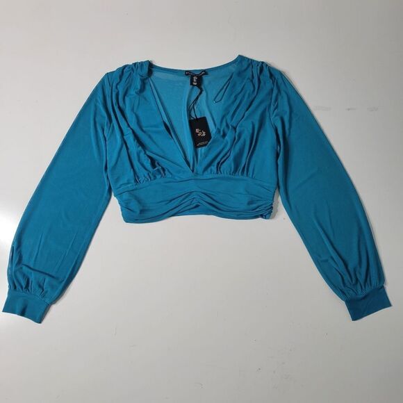 NEW MESH CROPPED BLUE LONG SLEEVE DEEP V BLOUSE TOP SINCERELY JULES L LARGE NWT - Picture 1 of 9